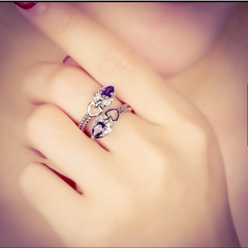 New S925 Sterling Silver Purple Amethyst & Morganite Heart Tear Drop Ring